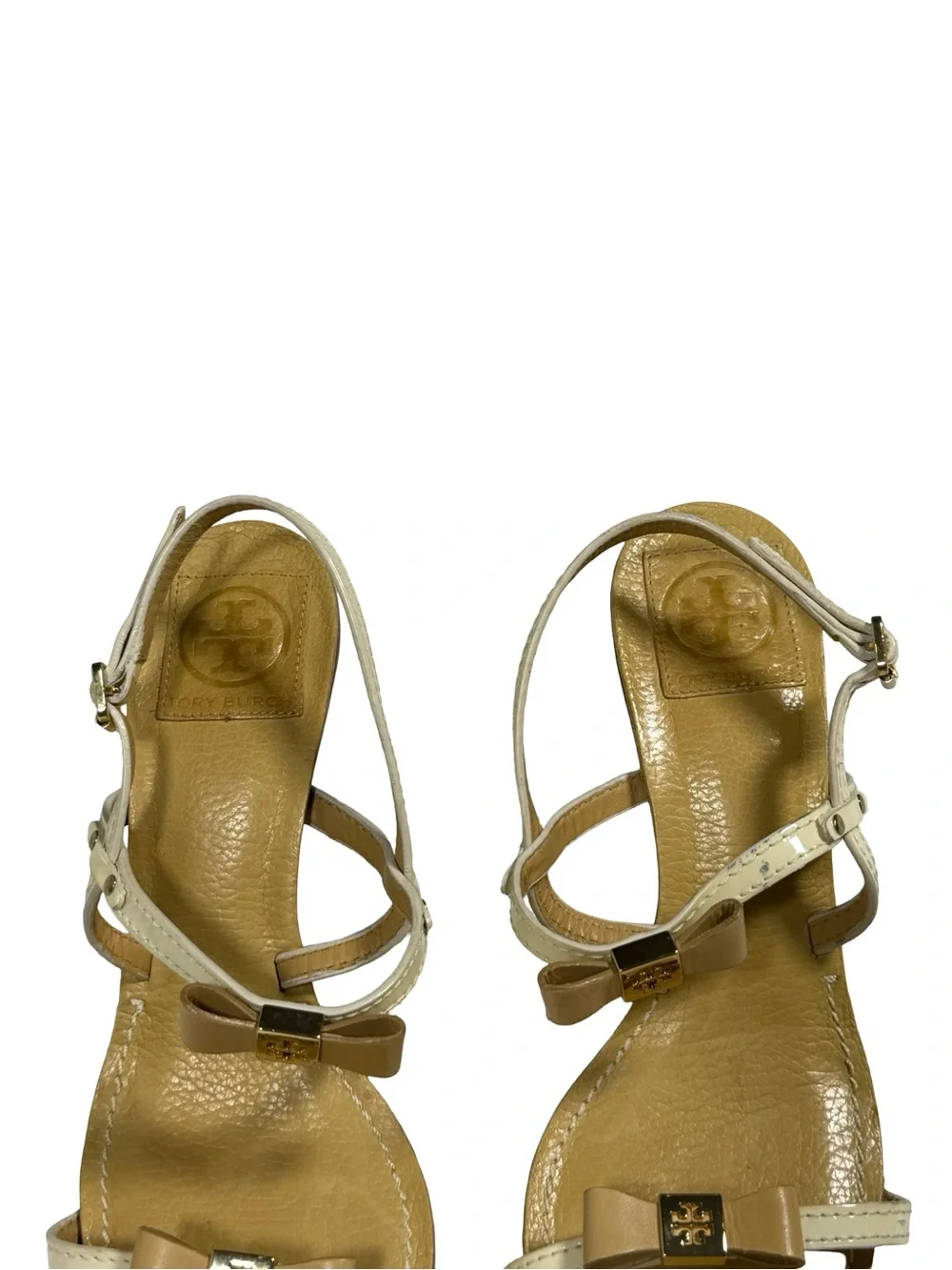 Tory Burch Kailey Patent Leather Bow Sandals Womens 8.5M Cream Tan Heels